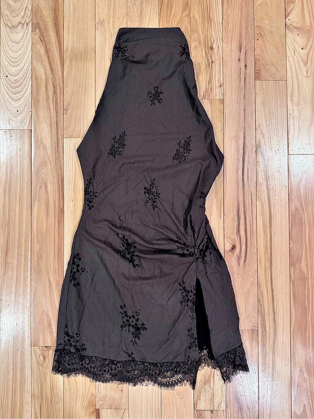 Zara Brown Floral Mini Dress with Slit and Lace Hem - Size Small